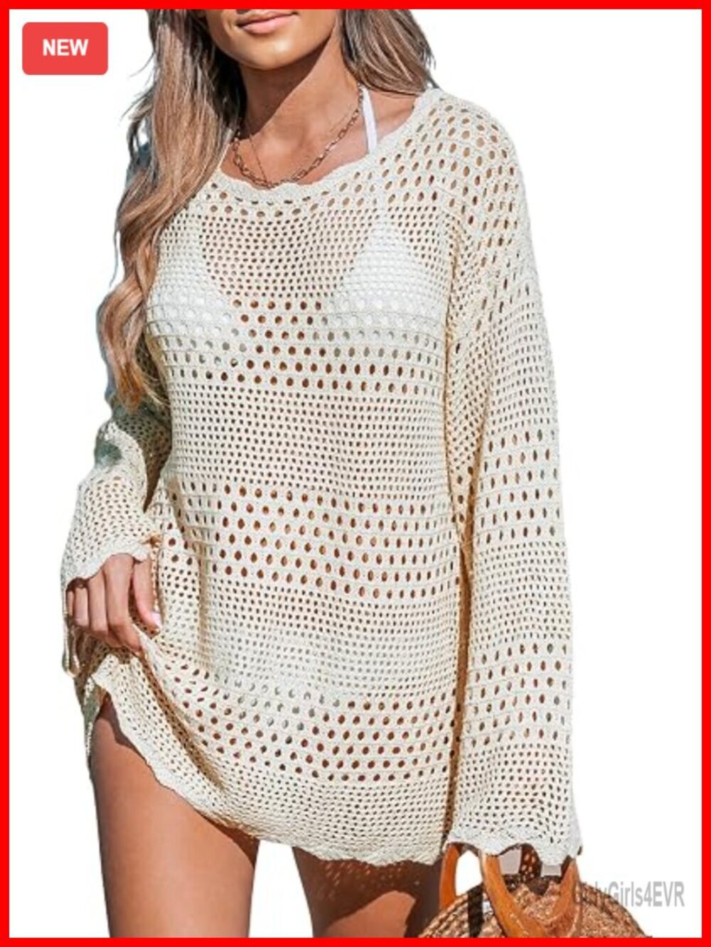 Crochet Knit Pullover Beach Dress Swimsuit Cover Up Sheer Long Sleeve